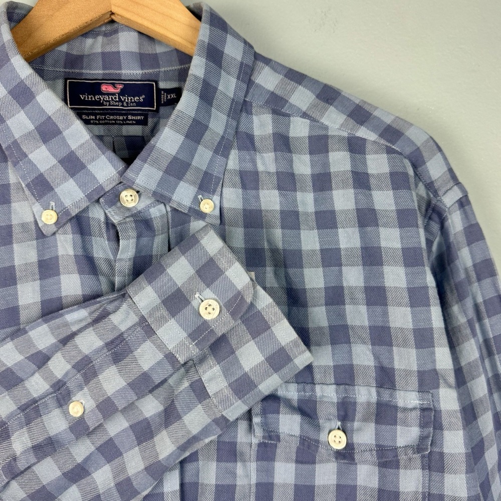 Vineyard Vines Slim Fit Crosby‎ Linen Button Shirt Mens 2XL Blue Gingham FLAW